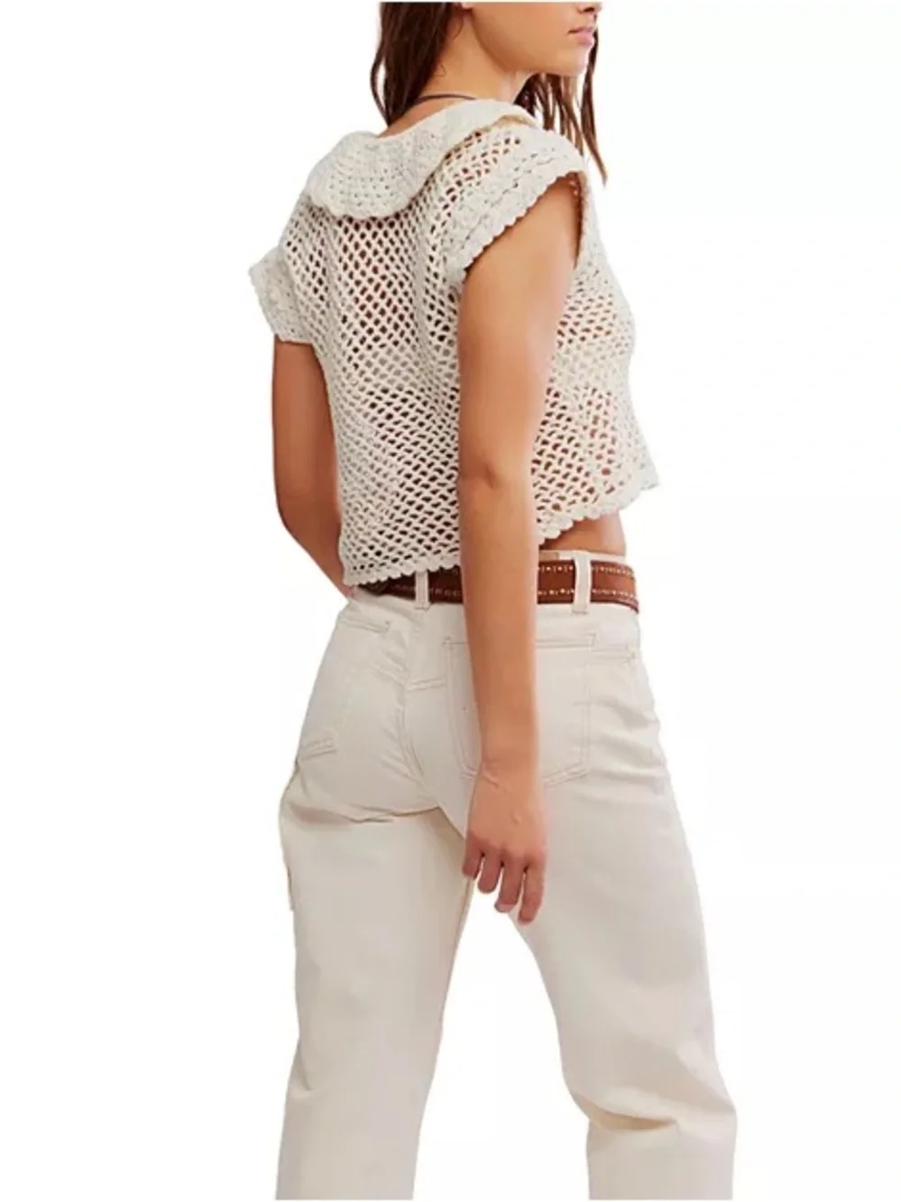 FREE PEOPLE Lilly Crochet Short-Sleeve Button Front Top in coconut milk size S